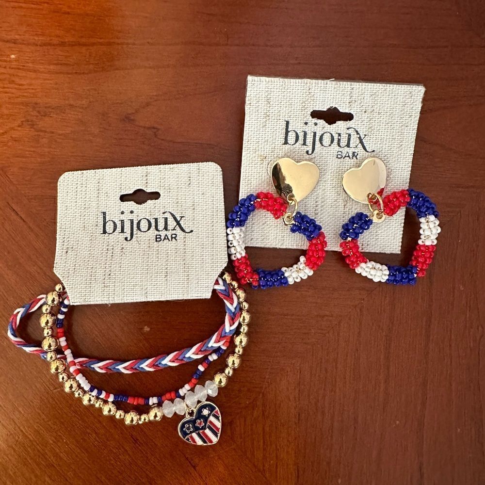 Bijoux Bar bracelet earrings patriotic American flag heart